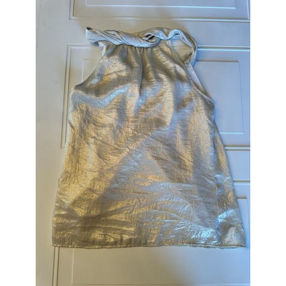 LOFT Blouse Top Womens Size S Small Sleeveless Shiny Gold Pullover Neck Ruffle - Picture 4 of 6